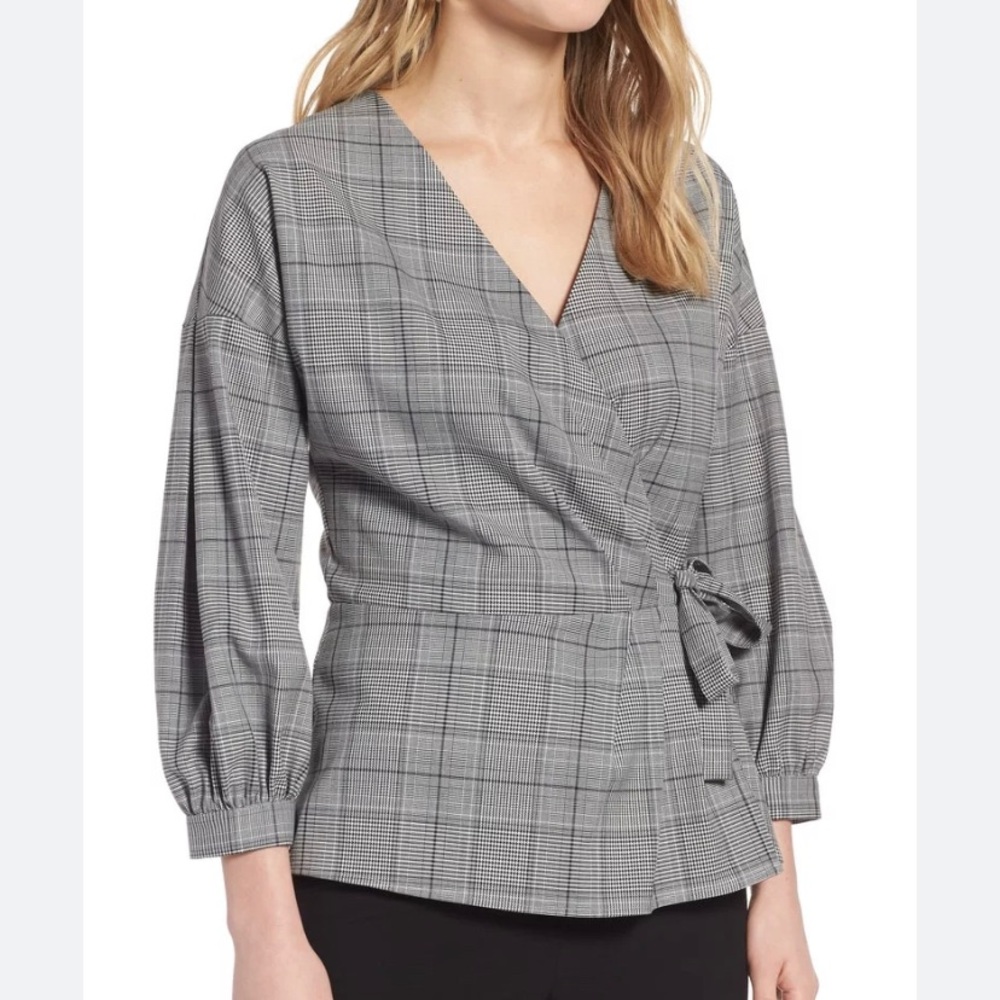 Crossover Plaid Wrap Blouse Grey Halogen Size Extra Large